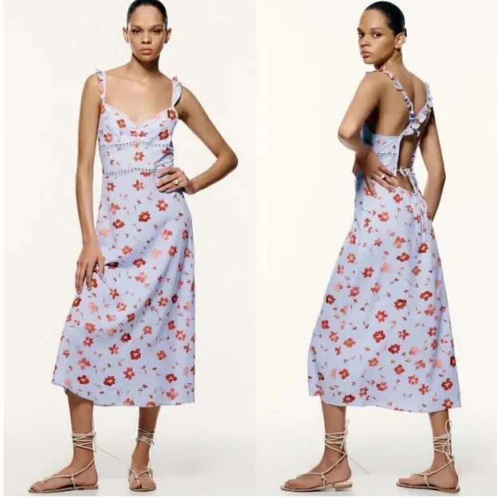 Zara Linen Blend Open Back Floral Dress Size M